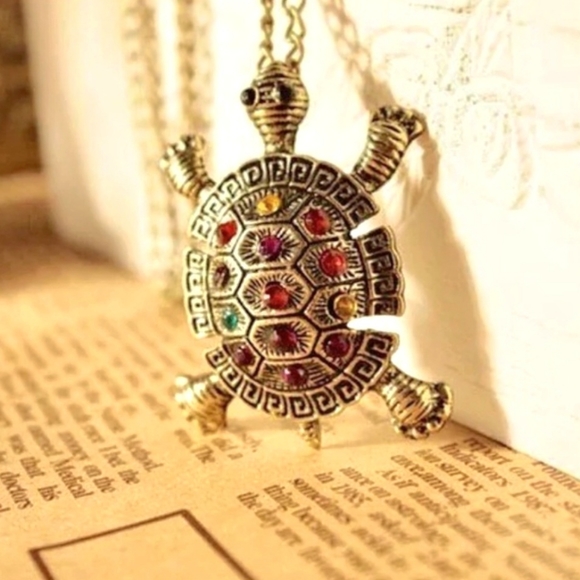 TURTLE Long Sweater Necklace Bronze & Colorful Rainbow Crystal Rhinestones - Picture 4 of 9